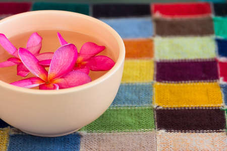 Decorative flower bowl on colorful table clothの写真素材