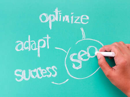 Hand writing SEO concept with chalk on green background