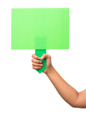Hand show an empty green sign isolated on white backgroundの写真素材