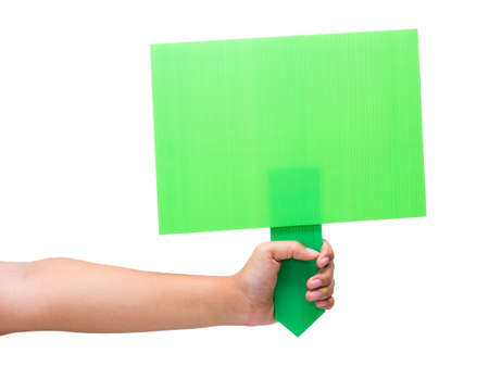 Hand show an empty green sign isolated on white backgroundの写真素材