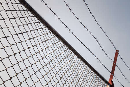 Metal mesh fence and barbed wire