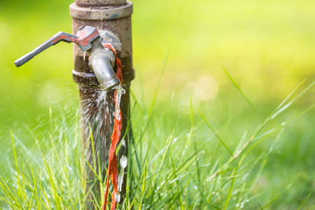 Leaking water from old faucet in the gardenの写真素材