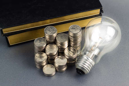 Coins heap with book and light bulb, smart investment, business idea or use in education conceptの写真素材
