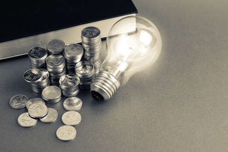 Coins heap with book and light bulb, smart investment, business idea or use in education conceptの写真素材