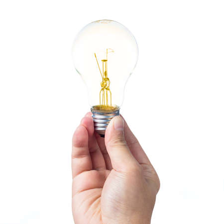 Hand show light bulb isolated on white backgroundの写真素材
