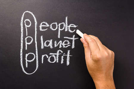 3p marketing of sustainable business with hand pointing at People word with chalk