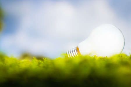 Light bulb on grasses with clouds and blue sky