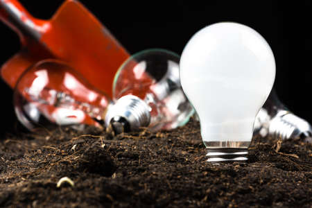 Many light bulbs as ideas in soil with shovel to dig and collectの写真素材