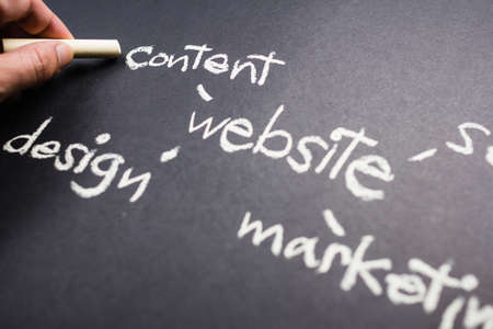 Hand pointing at Content word of Website Creation concept on chalkboardの写真素材