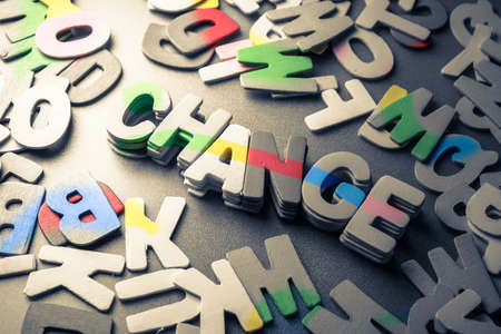 Stack of wood letters as Change word with scattered lettersの写真素材