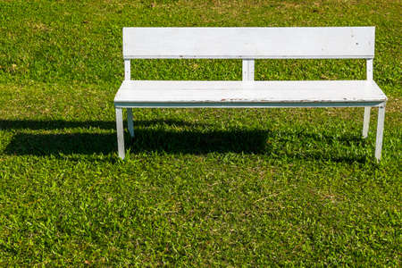 Empty white bench on the lawn in sunny dayの写真素材