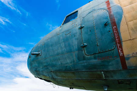 Closeup demobbed military airplane at the front part