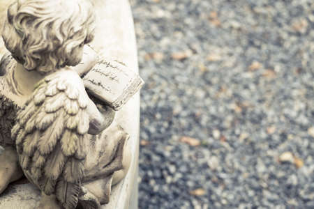 Old Cupid statue reading book, decorated in the gardenの写真素材