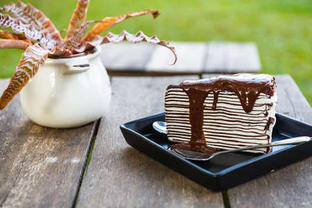 Chocolate crape cake in the gardenの写真素材