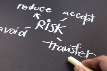 Closeup hand point at the Transfer word of risk management solution on chalkboardの写真素材