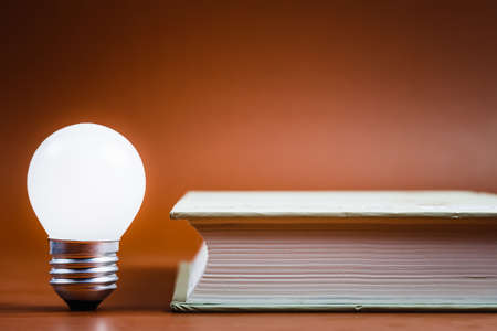 Small light bulb glowing with book