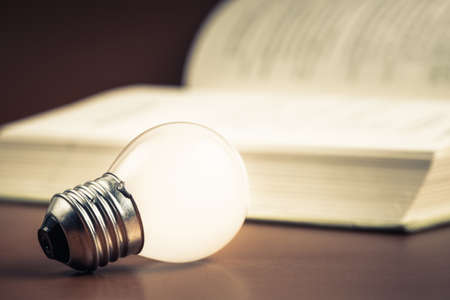 Closeup light bulb on the table with opened book on background