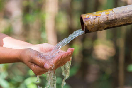 Hands receive the natural water from bamboo pipe in the forest, mountain water resourceの写真素材