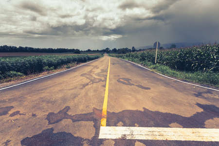 Road between the farm to the rain storm, countryside of Thailandの写真素材