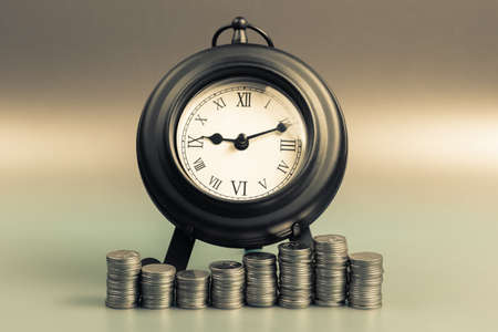 Heap of coins and retro clock, retirement concept