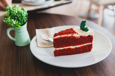 Red velvet cake served on the tableの写真素材