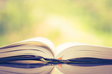 Opened hardcover book on blurred green nature as copy space