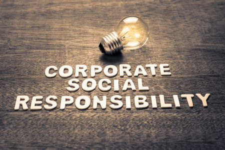 Corporate Social Responsibility or CSR, text with glowing light bulb as creativity and success ideaの写真素材