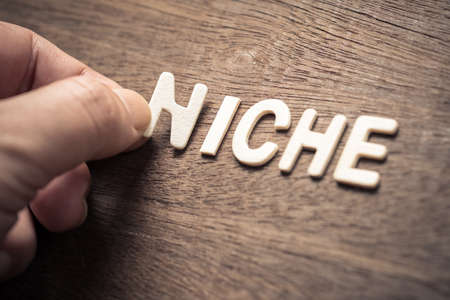 NICHE, closeup hand place a wood letter into the word for niche conceptの写真素材