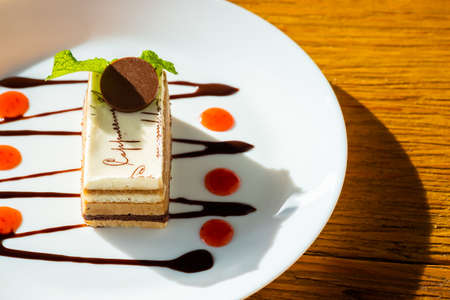 Cappuccino cake with chocolate and sauce on white plate