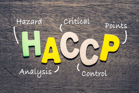 HACCP wooden alphabets on wood background with text acronym (Hazard Analysis Critical Control Points)の写真素材