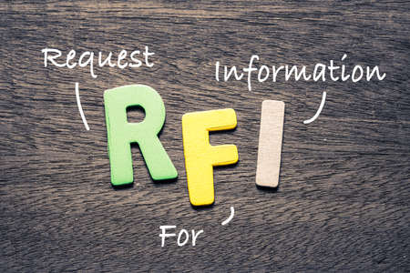 RFI wooden alphabets on wood background with text acronym (Request For Information)の写真素材