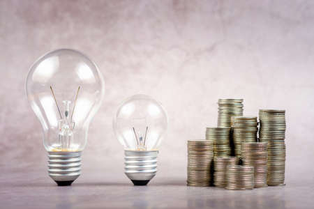 Big and small light bulb with heap coins, different size of financial planning or doing business,...