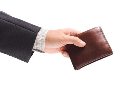 Businessman hand giving lether wallet isolated on white background