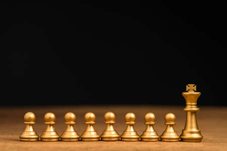 Golden king chess and row of pawns on black background