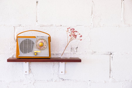 Old vintage radio and dry flower vase decorated on wood shelf on the white brick wall
