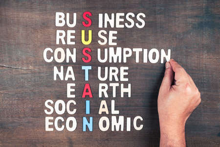 Hand arrange wood letters on wood board as crossword concept of Sustain or Sustainable Developmentの写真素材