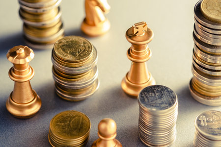 Closeup king chess in the group of money coins heap. Financial game strategy, financial planning. Business competition conceptの写真素材