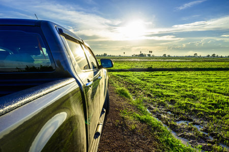 Part of pickup truck on the dirt road at the rice field before sunset, travel along the countrysideの写真素材