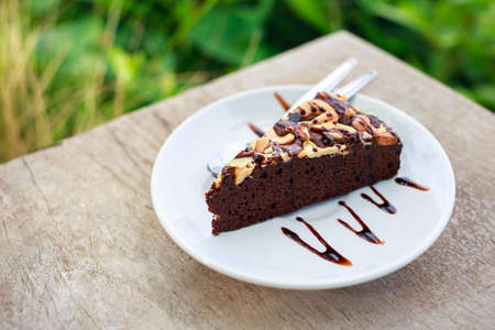 Fresh brownie cake topped with cashew nuts on wood table in the gardenの写真素材