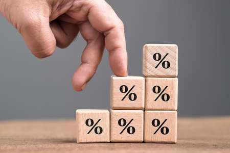 Percent increasing on step stairs with hand as finger walking up to the top, commission and sales,...