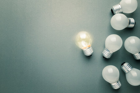 Transparent small light bulb glowing in the group of the white light bulbs, different and original ideaの写真素材