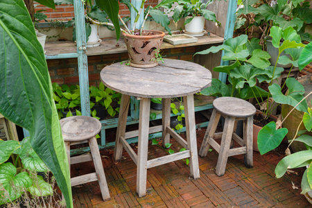 Simple wooden table and stools in the backyard garden, placed on the bricks floor with many plants and old shelfの写真素材