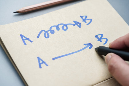 Hand draw a line from A to B between complication and easier process, simplify, briefly, straight to the point in communicationの写真素材