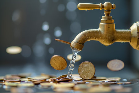 Money coins fall from the pipeline and brass faucet, water supply charges, economic concept, generative AIの素材