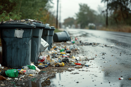 Dirty garbage overflow from the trash bins on the urban wet road, filthy rubbish, lack of waste management, generative AI