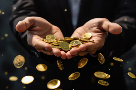 Closeup businessman shows handful golden coins that fall from the air like a magic, get rich, success in business, generative AIの素材