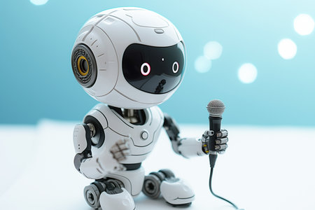 Miniature, or futuristic kid robot holding a microphone, standing on white background, ai voice, training ai entertainment, generative aiの素材