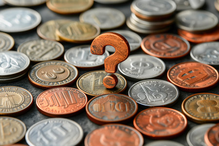 Question mark symbol above the currency coins, investment, financial question, exchange rate, generative aiの素材