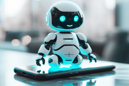 Miniature robot standing on the smartphone, AI chatbot, communication with robotic technology, generative aiの素材