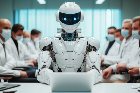 A robot sitting in the meeting room to support a team of doctors on background, human and AI collaborates seamlessly, generative AIの素材
